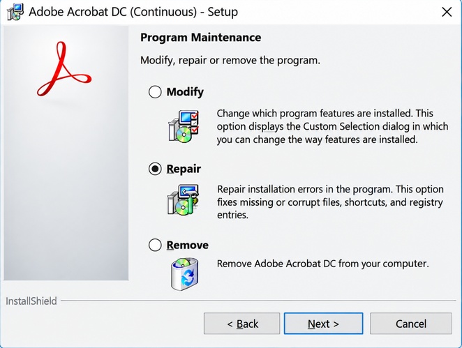 repair adobe acrobat installation via windows settings