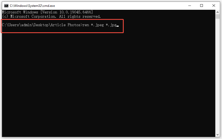 run command prompt to batch change file extensions