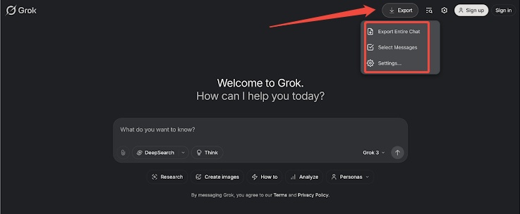 save grok chat as pdf export button
