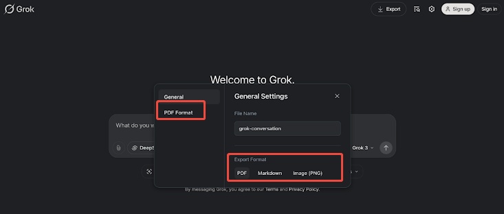 save grok chat as pdf export format