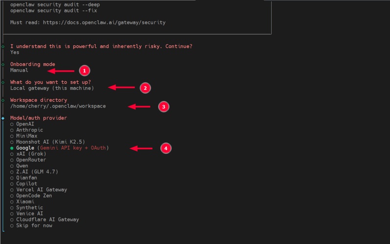 select onboarding mode as manual for openclaw setup full control
