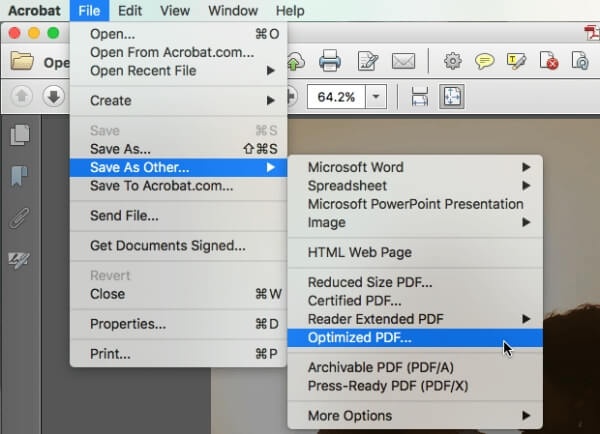 select optimized pdf feature in acrobat