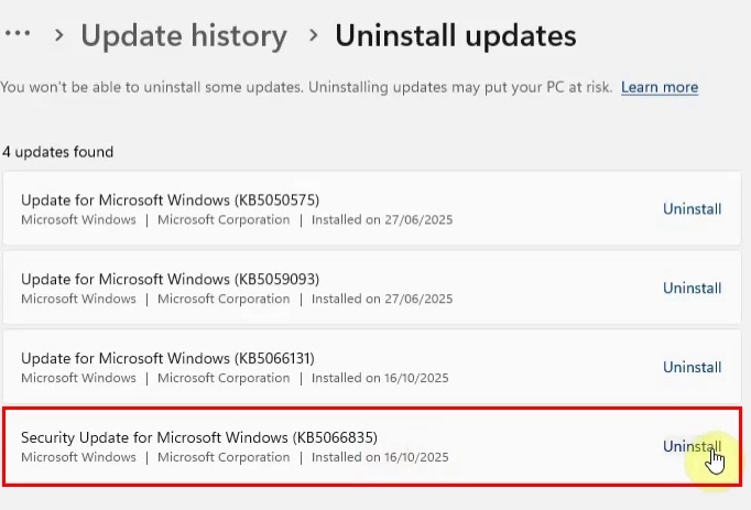uninstall windows update kb5066835