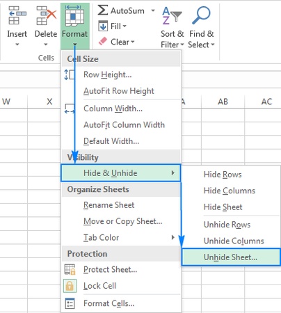 use ribbon menu to see excel hidden sheets