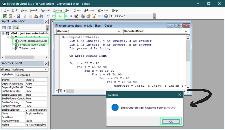 use vba macro mode to unprotect excel sheet