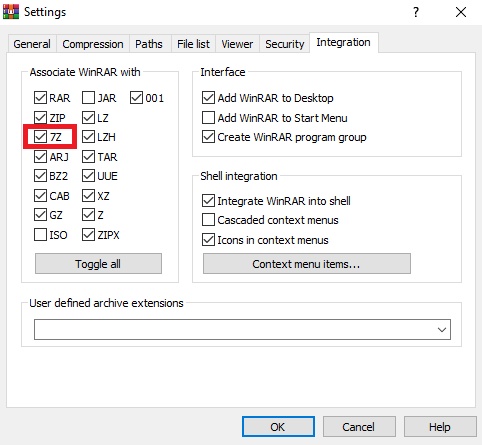 winrara ensure 7z file extension box