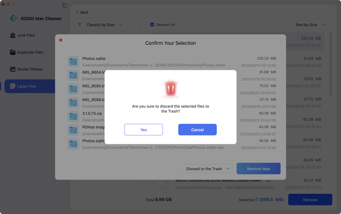 confirm to remove selected large files
