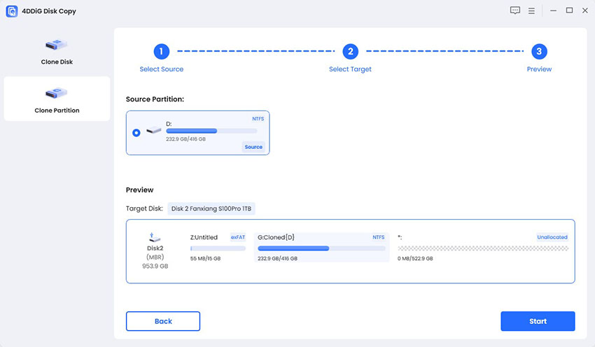 preview and start to clone partition