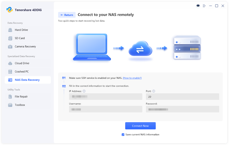 enter nas information to connect