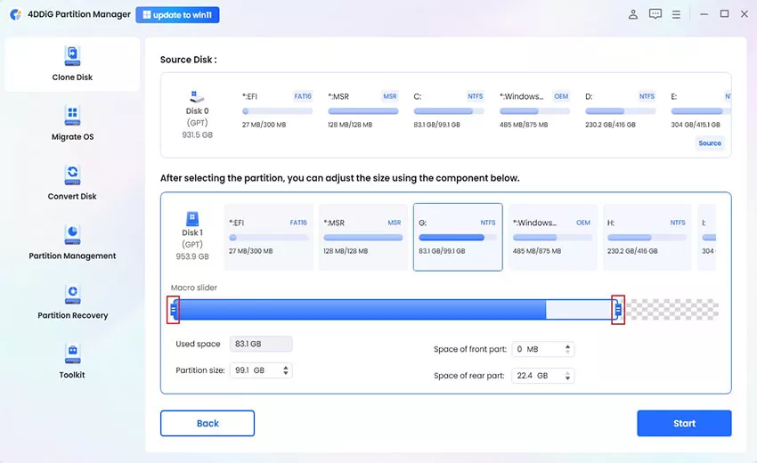 resize cloned partition