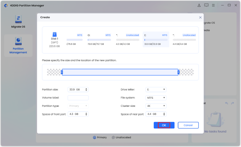 adjust the size of the new partition