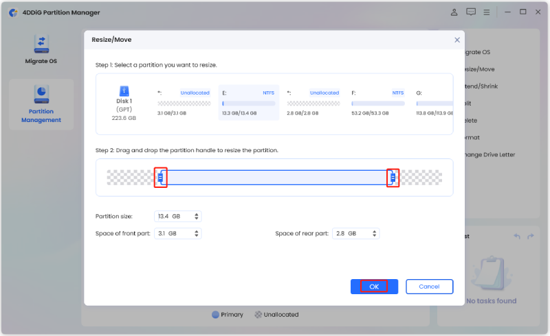 adjust the size of the selected partition