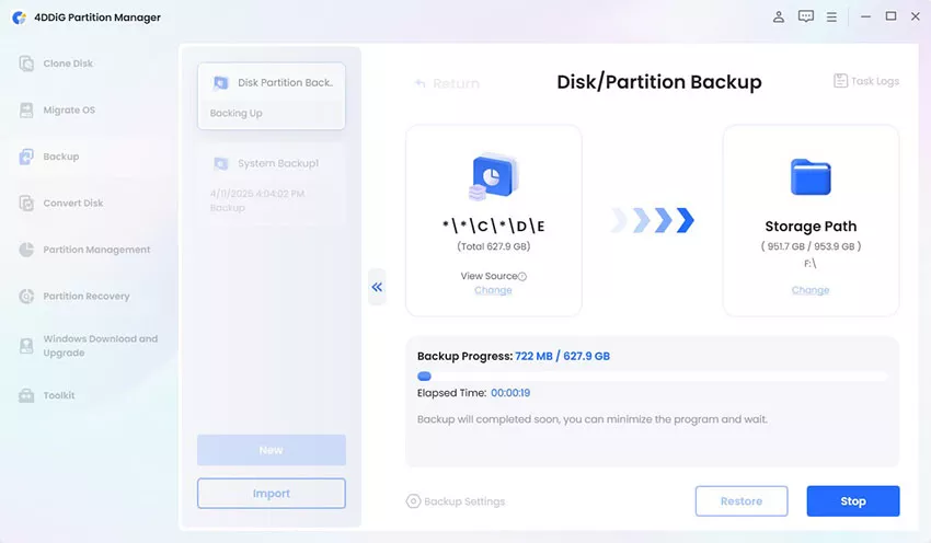 disk backup progress