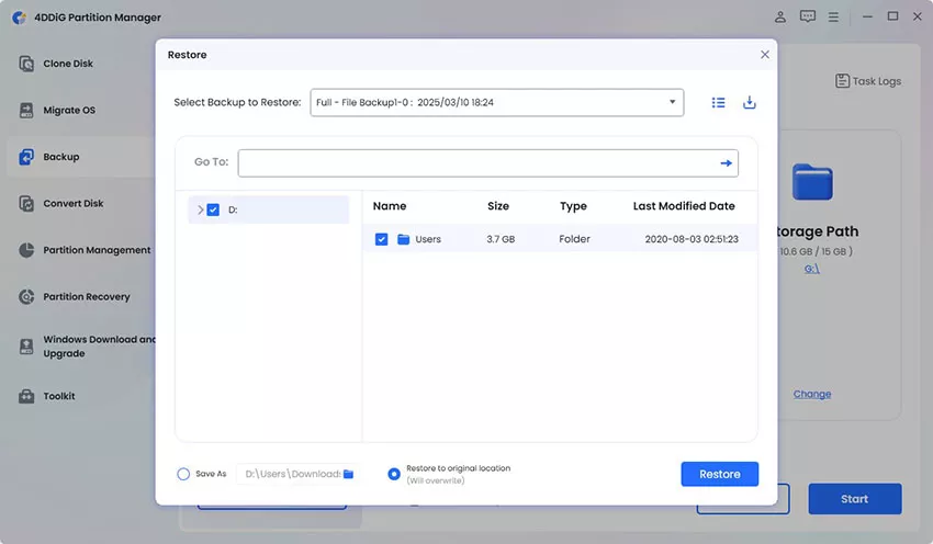 choose file backup to restore