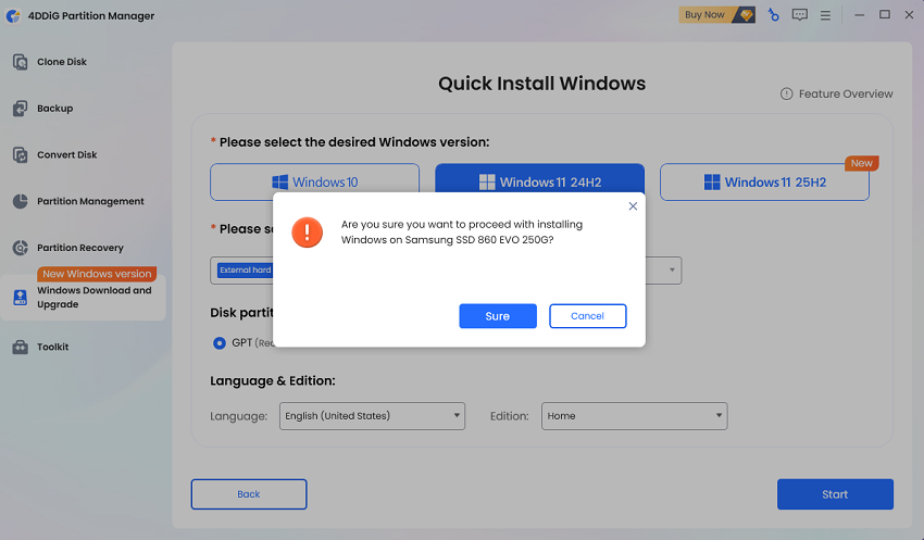 click sure to quick install windows 