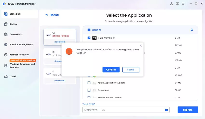 click migrate and confirm to start