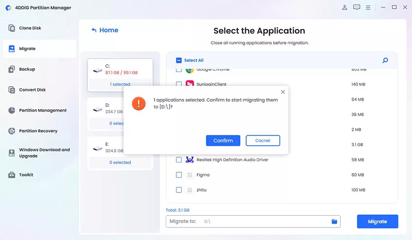 click migrate and confirm to start