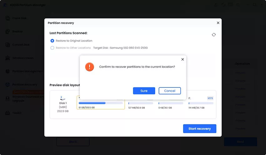 confirm to recover partition