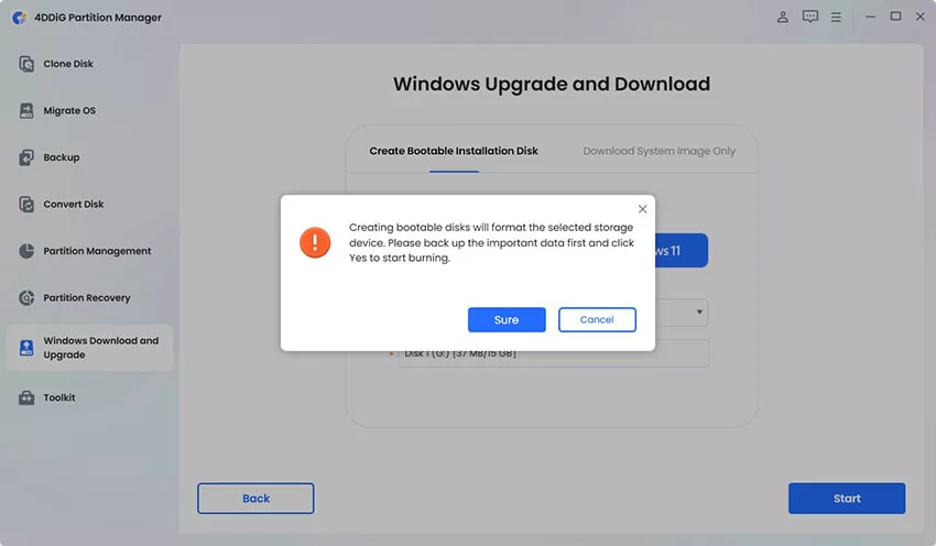 create bootable disk will erase all content in the disk