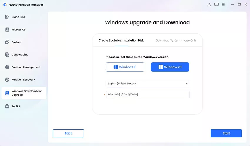 select the connected external hard diak and click start