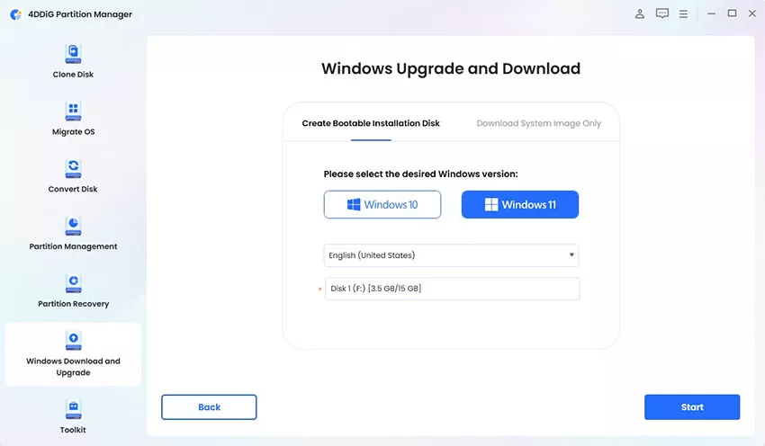 select the connected external hard diak and click start