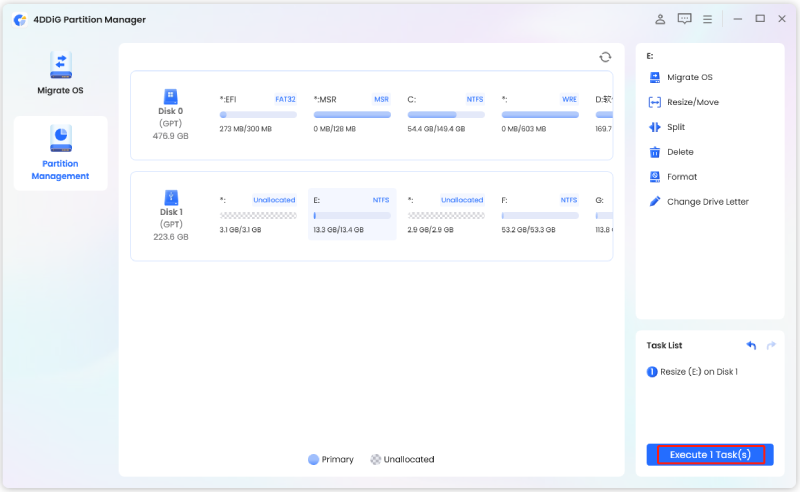 execute the partition resizing operation