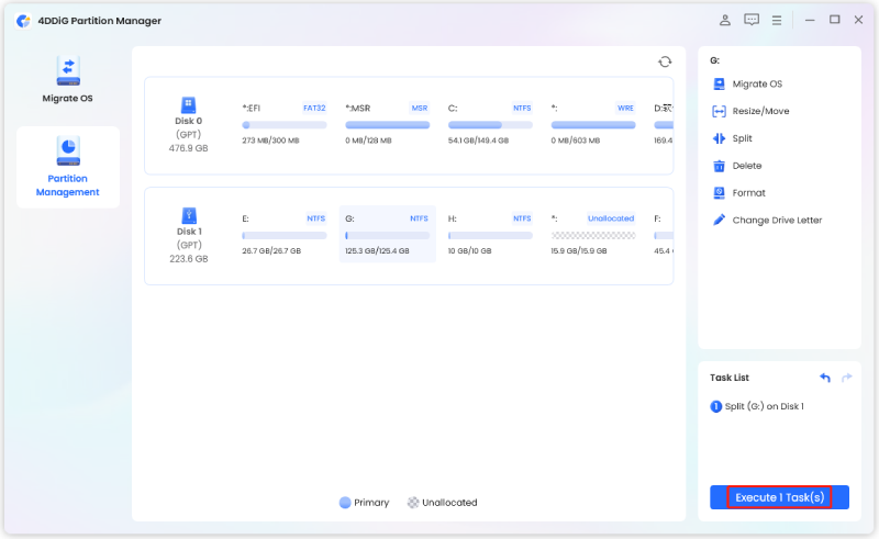 execute the partition splitting operation