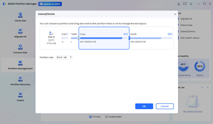 adjust partition size of c drive