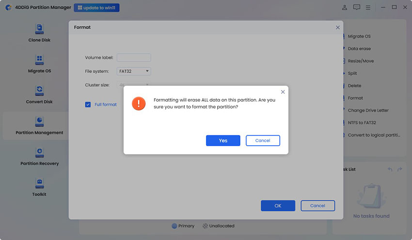 erase data while formatting