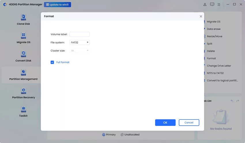select fat32 for usb on 4ddig partition manager