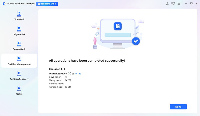 ntfs to fat32 format complete