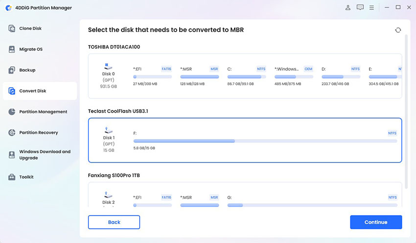 select gpt formatted disk to convert to mbr