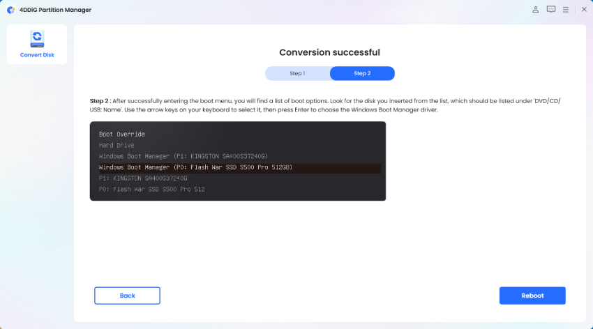 reiniciar el computadora tras la conversión de mbr a gpt