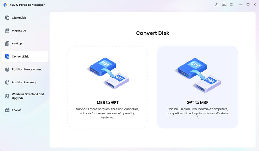 convert gpt to mbr on 4ddig partition manager