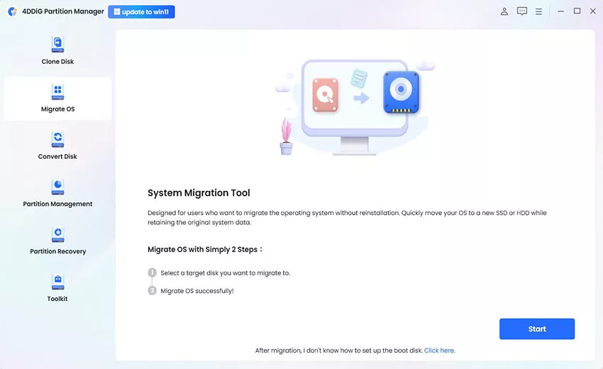 select migrate os and click start