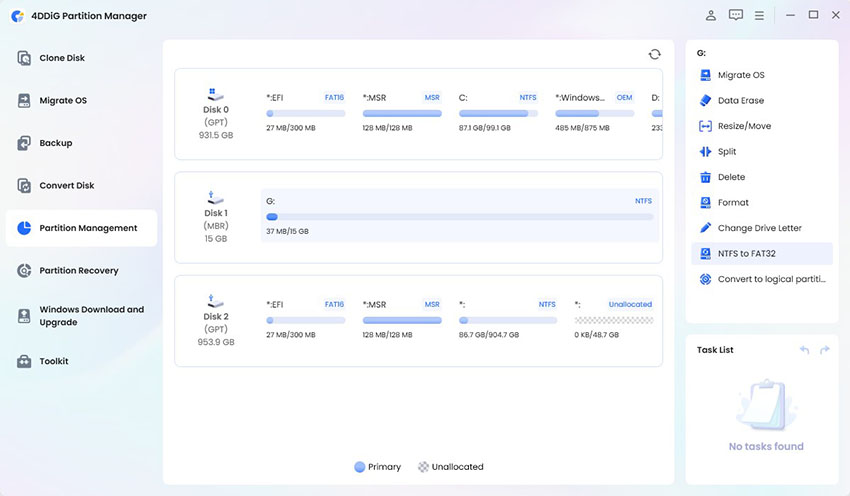 choose ntfs to fat32 on 4ddig partition manager