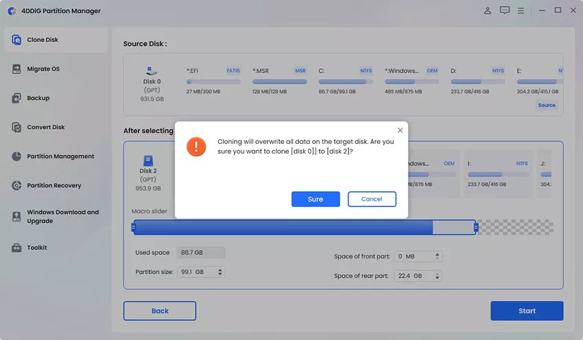 Confirm to clone data to target disk
