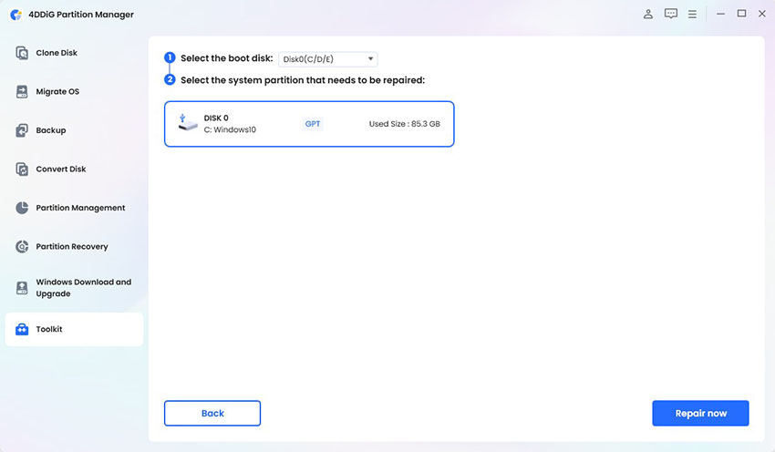 repair boot select system partition