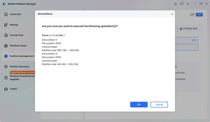 click ok to start extend partition