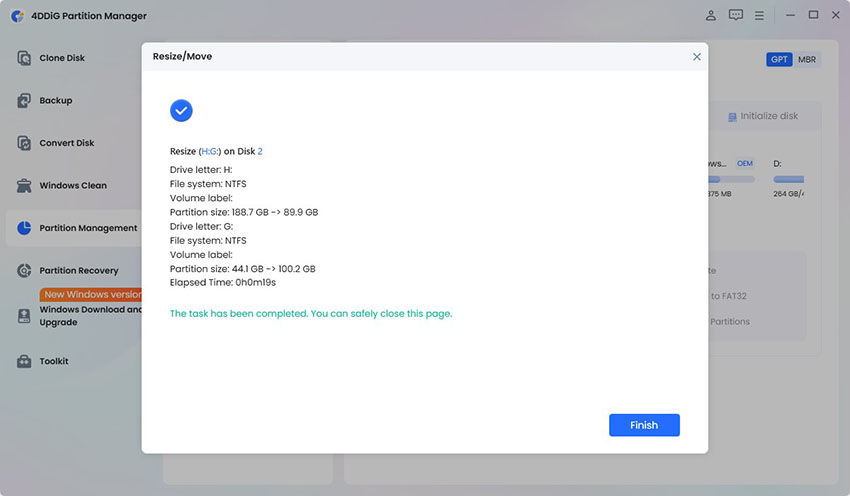 resize partition successfully