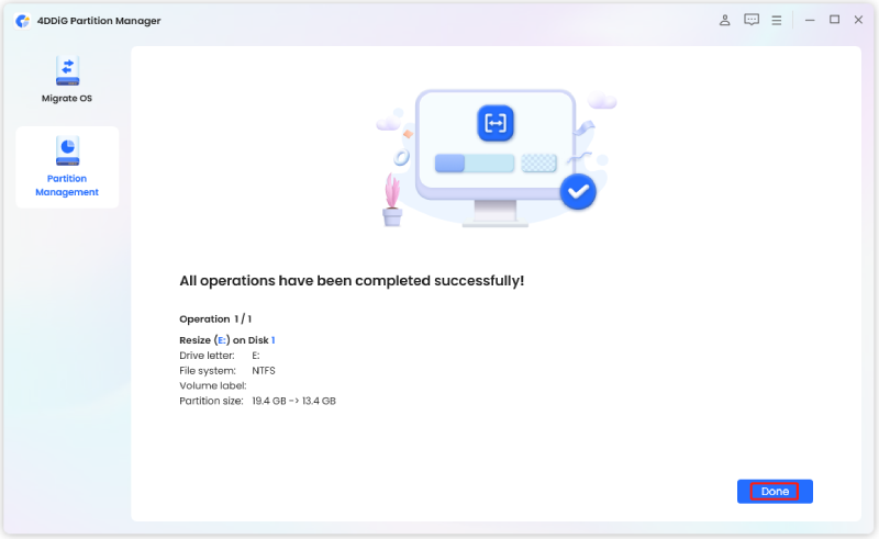 resize the partition successfully