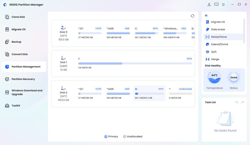 select the partition and click resize