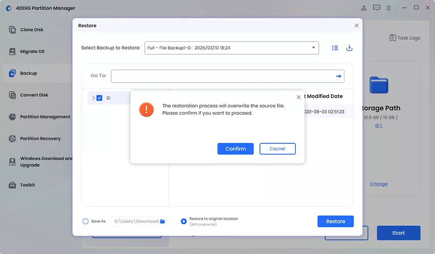 confirm to restore from file backup