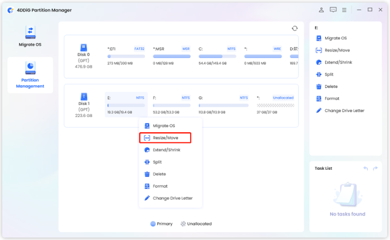select a partition that you want to resize