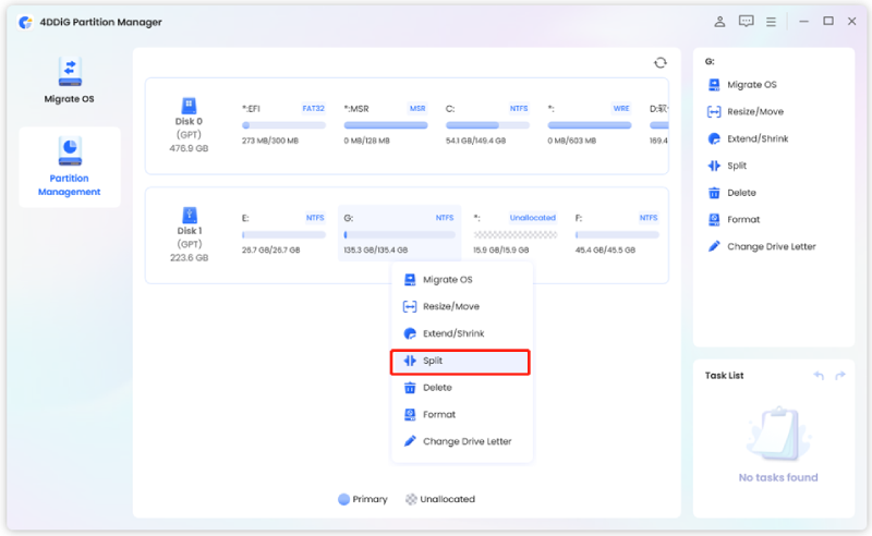 select a partition that you want to split