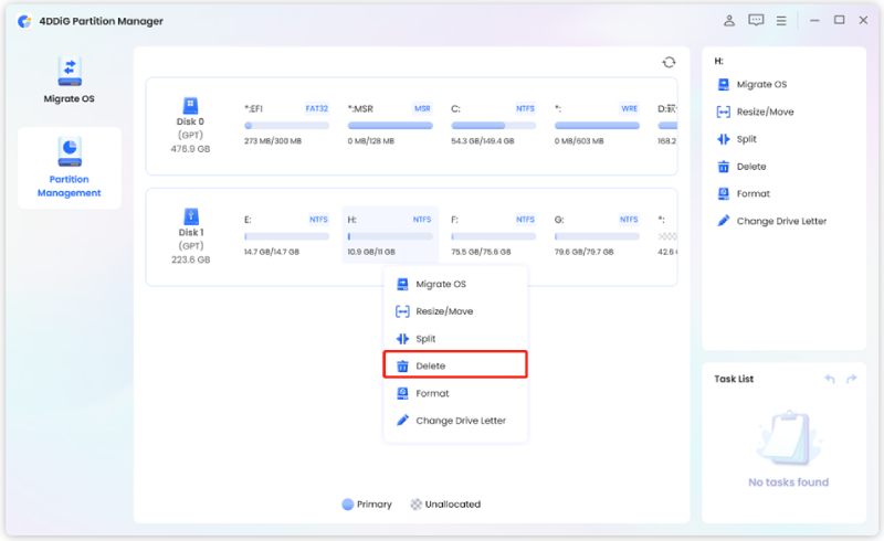 select a partition to delete