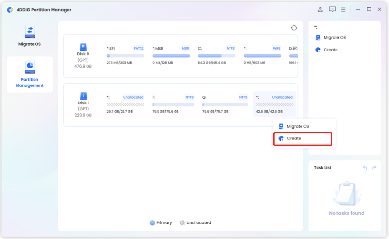 select an unallocated partition to be used to create new partition(s)