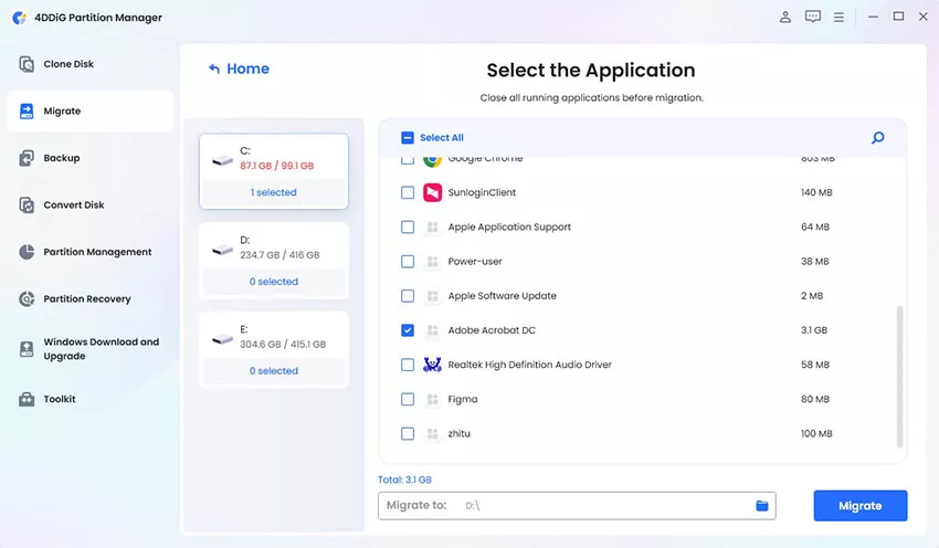 select applications and target path