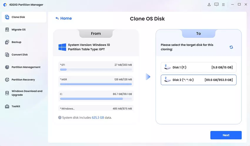 Select target disk to clone OS data