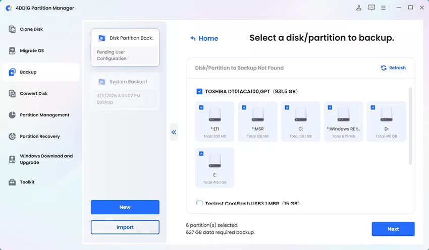 select disk or partition to backup